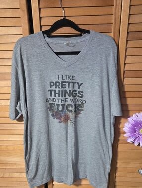 Spencer's Gray V-Neck Tee with Graphic Text